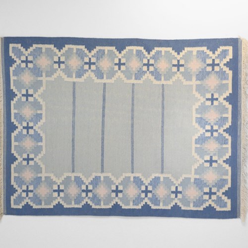 Large Swedish Mid-Century Kilim In Tones Of Blue And Cream