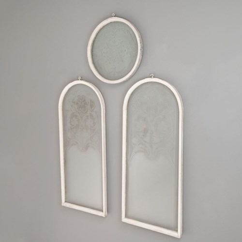 Set Of Three Etched Glass Windows