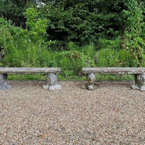 Patinated Stone Lion Benches