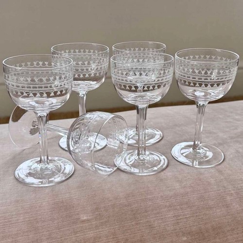 6 finest Edwardian hand etched crystal glasses C1900