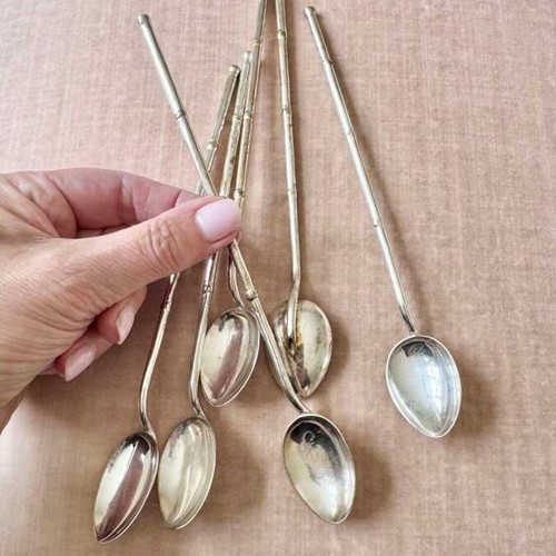 6 French silver plated faux bamboo cocktail straw spoons C1940s