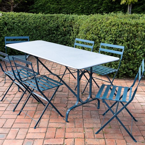 Six seater zinc top table and flat bar chairs