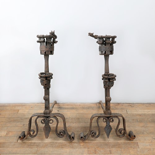 Early Set Of Antique Wrought Iron Fire Dogs