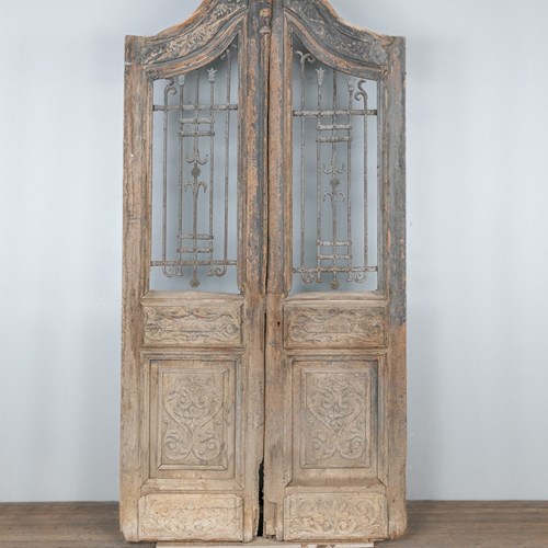 Old Tall Arched Top Carved Doors Wrought Iron