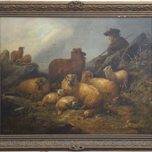 Highland Shepherd And Flock, Oil On Canvas By Alfred Morris, 1889