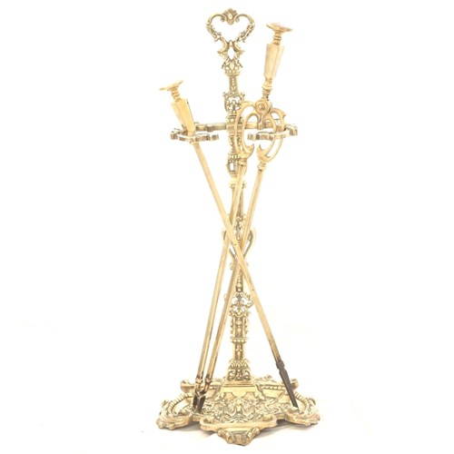 19Th Century French Cast Brass Fireplace Companion Stand With Later Tools