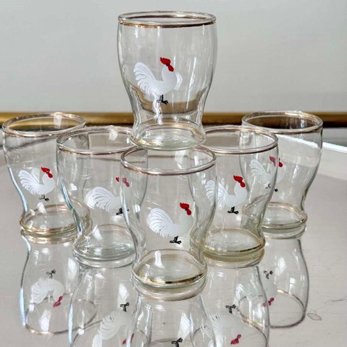 6 Cute hand painted cockerel cocktail shot glasses C1950s