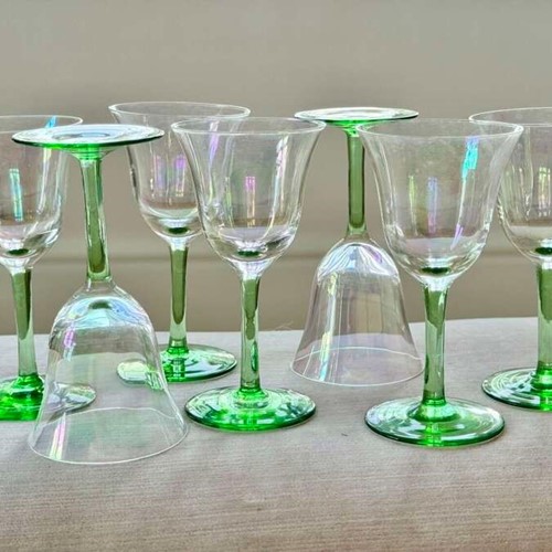 7 Gorgeous irridescent Art Deco green stem glasses C1930