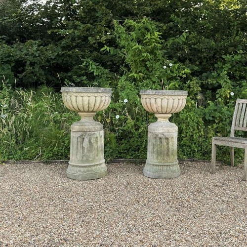 Pair of Large Bowl Urns on Columns