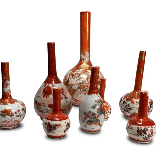 Collection Of Eight Meiji Period Kutani Bottle Vas