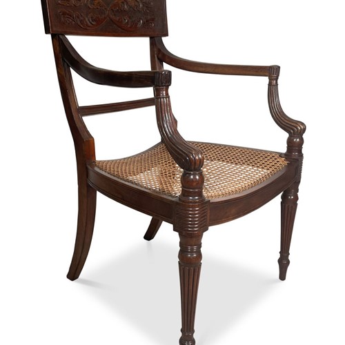 Carved Walnut Bar Back Elbow Chair With Caned Seat
