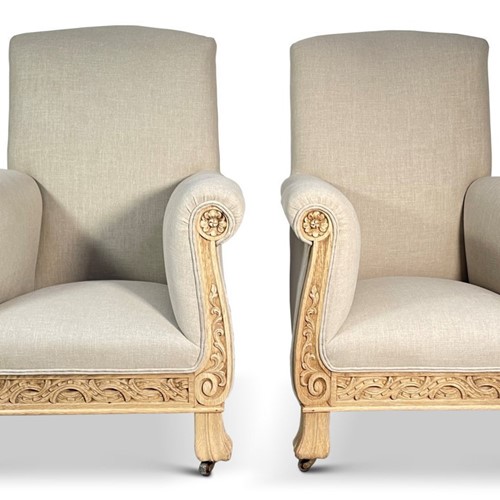 Pair Of Carved Lightened Oak Armchairs
