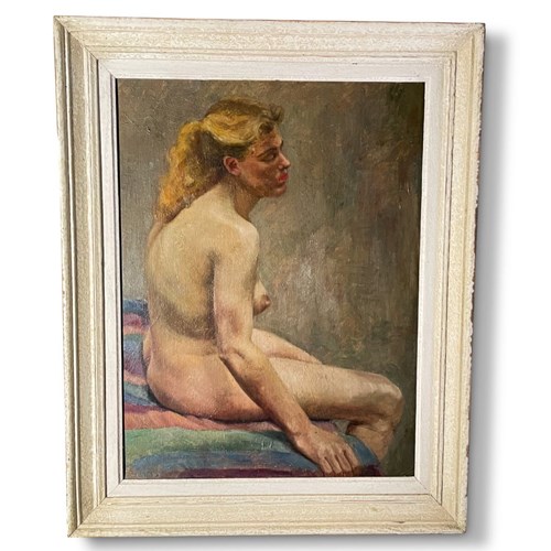 Oil On Board Portrait Of Seated Female Nude