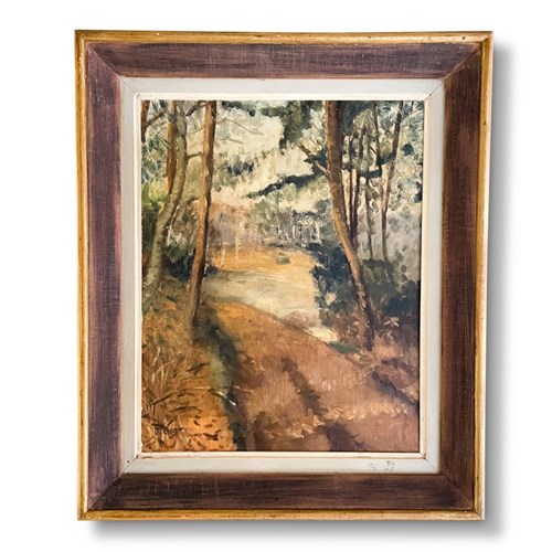 Oil On Canvas Landscape Of A Country House Through A Wooded Track 