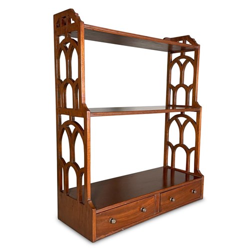 Three Tiered Mahogany Waterfall Shelf Unit With Two Drawers