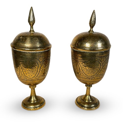 Pair Of Lidded Chased Brass Ango-Indian Urns