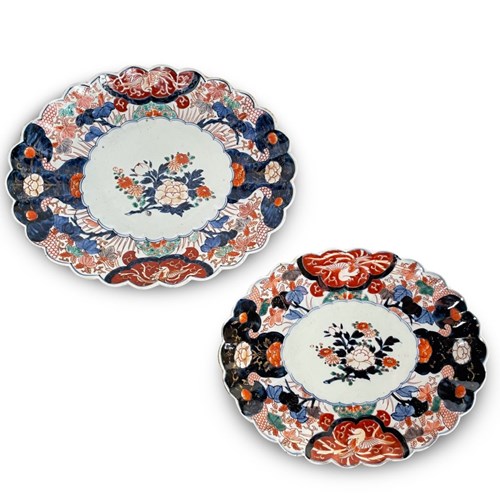 Pair Of Ovoid Scallop Edged Imari Plates