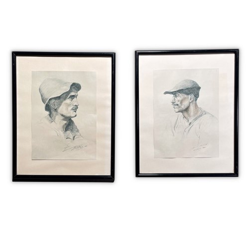 Pair Of Pencil Portraits Of Male Peasant Workers