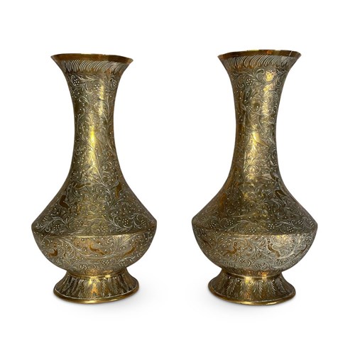 Pair Of Indian Chase Engraved Brass Vases