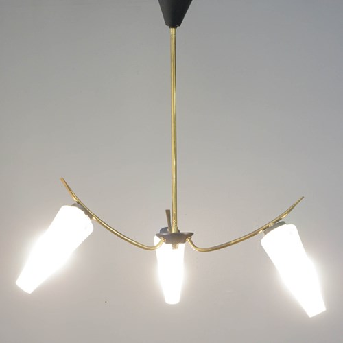 French Mid-Century Pendant Light With Frosted Glass Tulip Shades