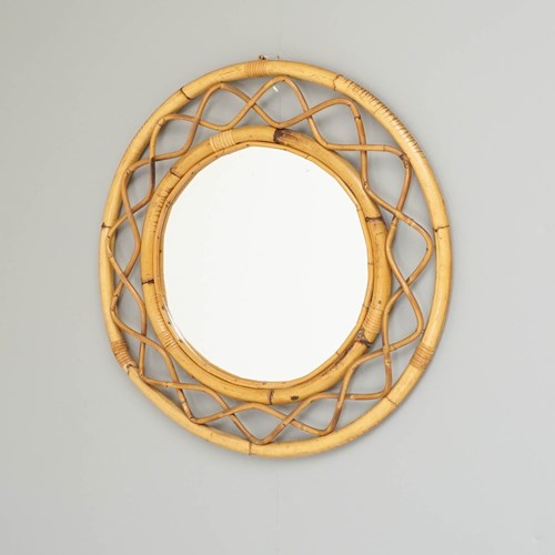 Mid-Century Round Italian Mirror With Double Bamboo Weaved Wicker Frame, 1960S