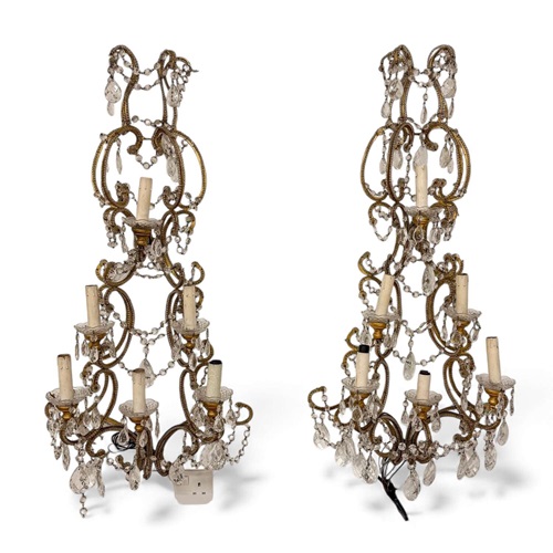 Pair Of English Crystal And Gilt Metal Wall Sconces — 20Th Century