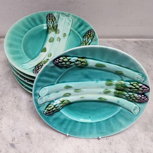 Set Of Six Luneville Majolica Asparagus Plates