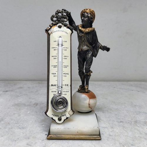 French 'Bronze', Marble & Enamel Desk Thermometer