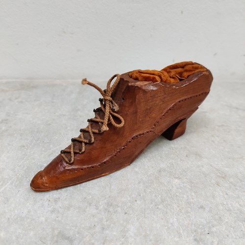 Hand Carved Wooden Shoe Pin Cushion