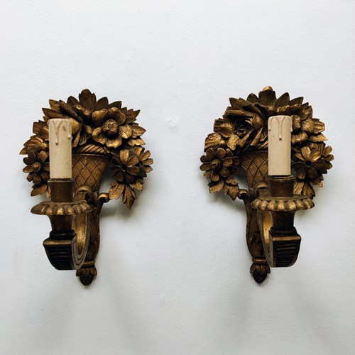 Pair Of Wooden Carved & Gilded Wall Sconces