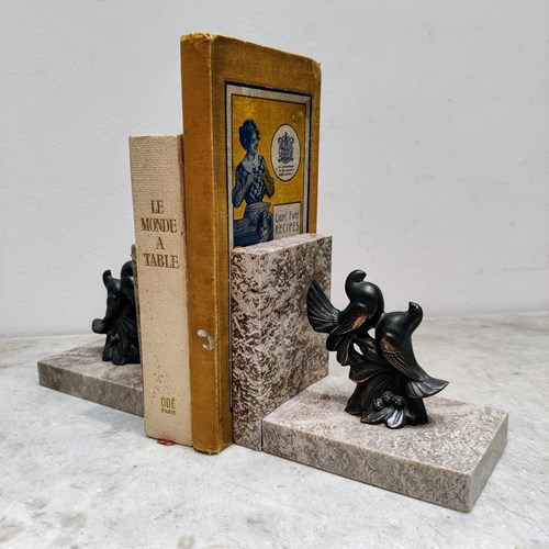 French 'Art Deco' Marble & Spelter 'Dove' Bookends