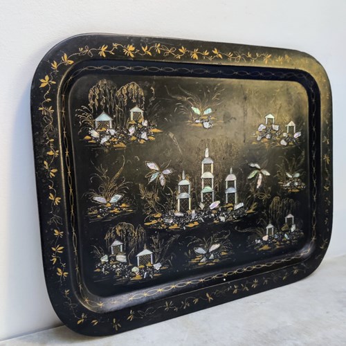 Huge Chinoiserie Papier Mache & Mother Of Pearl Inlaid Tray