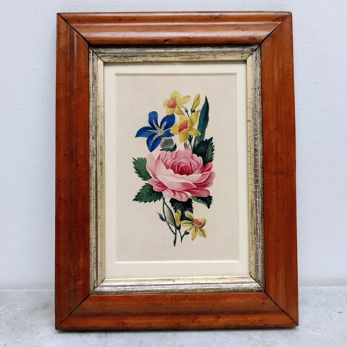 Charming 1830'S Floral Watercolour In Maple Frame
