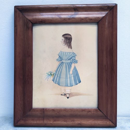 Early C19th Watercolour Of A Little Girl In Blue