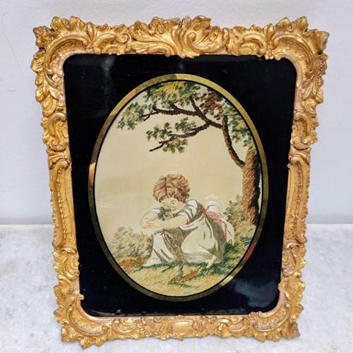 Regency Silkwork Of A Little Girl And Her Kitten 