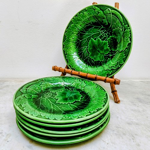 Set Of Six Green Majolica Vine Leaf Plates 