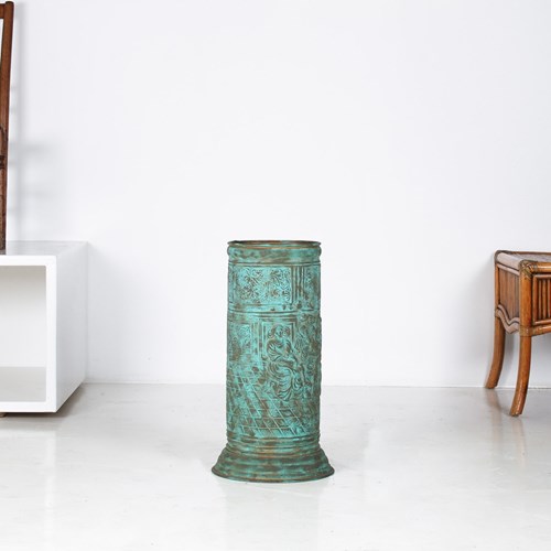 1950S Brass Stick Umbrella Stand Pot With Verdigris Copper Patina