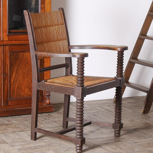 Oak Corkscrew 1950S Armchair With Straw Seat Attributed To Charles Dudouyt