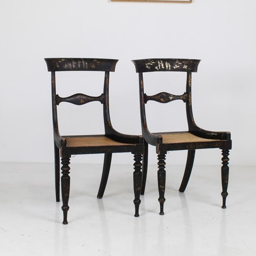 A Pair Of 19Th Century Antique Ebonised Chinoiserie Occasional Chairs 