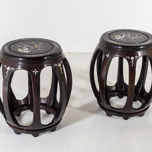A Pair Of Chinese Rosewood Circular Drum Side Tables With Mother Of Pearl Inlay