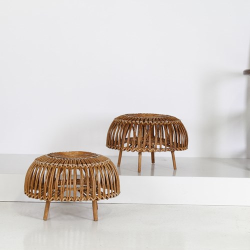 A Pair Of Rattan Wicker Ottoman Footstools In The Manner Of Franco Albini