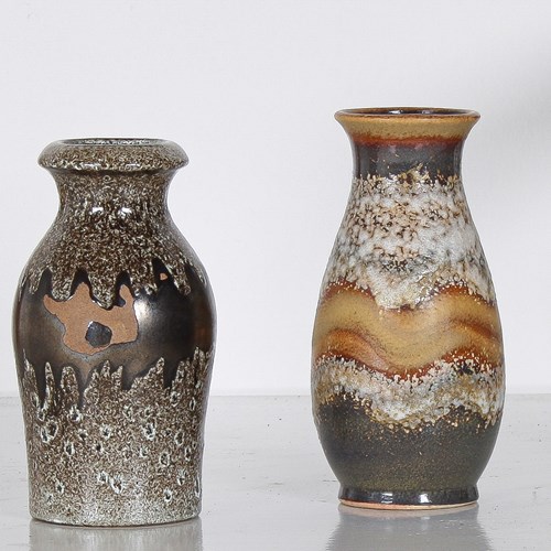 A Pair Of West German Pottery Lava Vases In Earthy Vibrant Tones