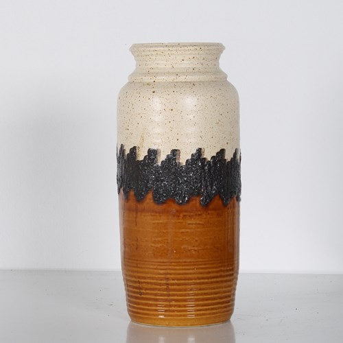 A Large West German Pottery Fat Lava Vase In Orange, Black And Cream By BAY