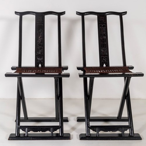  Pair Of Ebonised Chinese Folding Occasional Hall Chairs Late Qing