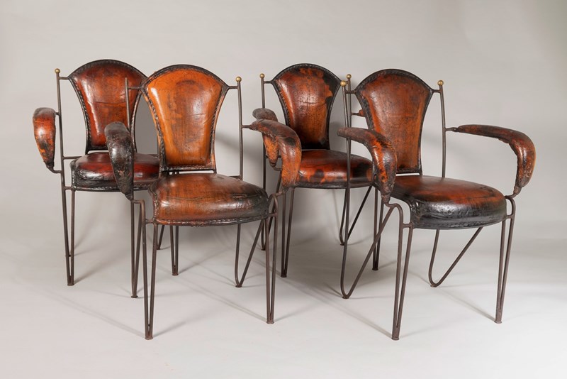 French 1950S Jacques Adnet Stitched Leather Iron Dining Chairs - Set Of 4-greencore-design-french-1950s-jacques-adnet-hand-stiched-brown-leather-iron-armchairs-1-main-638263993088034957.jpg