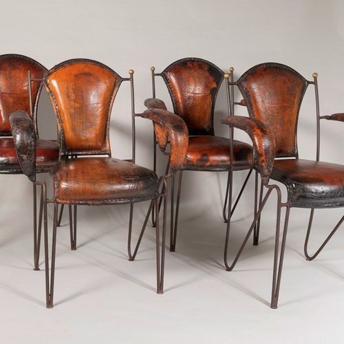 French 1950S Jacques Adnet Stitched Leather Iron Dining Chairs - Set Of 4