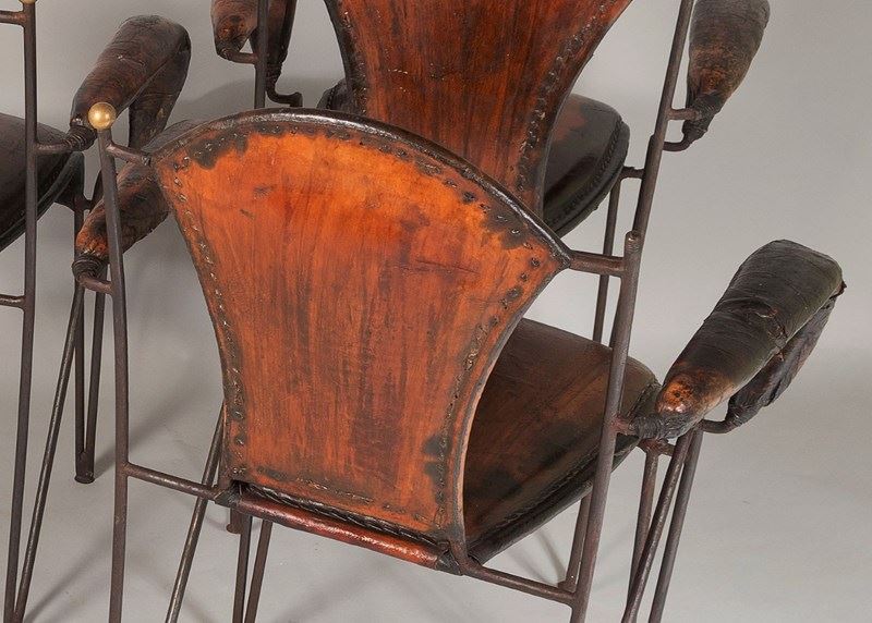 French 1950S Jacques Adnet Stitched Leather Iron Dining Chairs - Set Of 4-greencore-design-french-1950s-jacques-adnet-hand-stiched-brown-leather-iron-armchairs-15-main-638263993544437258.jpg