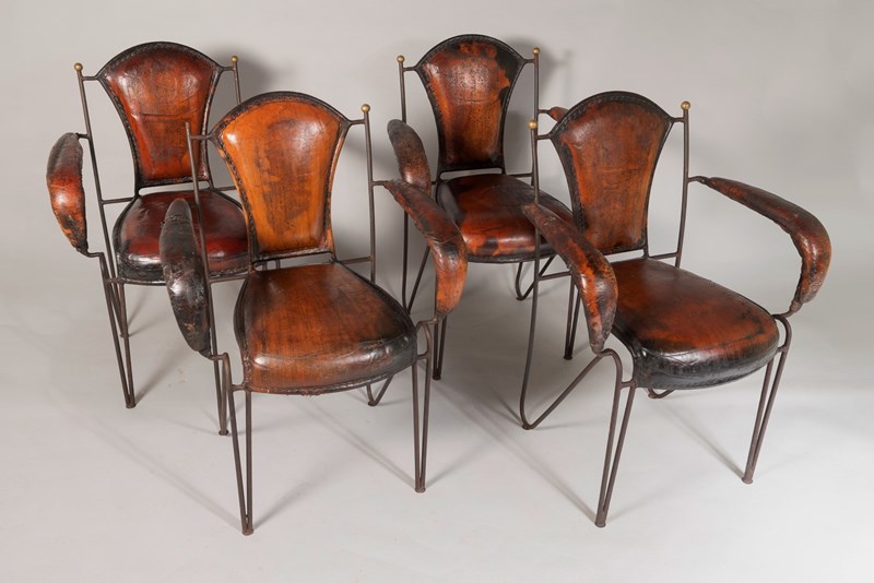 French 1950S Jacques Adnet Stitched Leather Iron Dining Chairs - Set Of 4-greencore-design-french-1950s-jacques-adnet-hand-stiched-brown-leather-iron-armchairs-2-main-638263993432563739.jpg