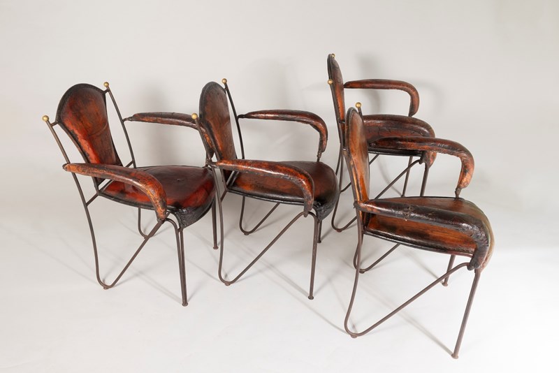 French 1950S Jacques Adnet Stitched Leather Iron Dining Chairs - Set Of 4-greencore-design-french-1950s-jacques-adnet-hand-stiched-brown-leather-iron-armchairs-3-main-638263993440064024.jpg