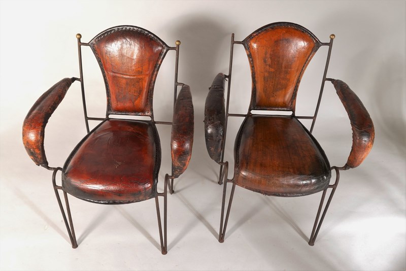 French 1950S Jacques Adnet Stitched Leather Iron Dining Chairs - Set Of 4-greencore-design-french-1950s-jacques-adnet-hand-stiched-brown-leather-iron-armchairs-4-main-638263993446626034.jpg